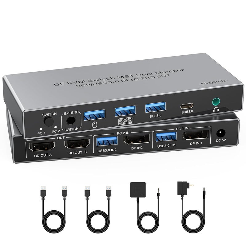 CCONG DisplayPort KVM Switch 2 Monitors 2 Computers 4K@60Hz,3 USB3.0 &1 USB-C Ports for 2 Computers Sharing HDMI Dual Monitors Keyboard Mouse with 2USB Cables,Power Adapter,Controller(Save 3 HDMI/DP cables) - Image 1